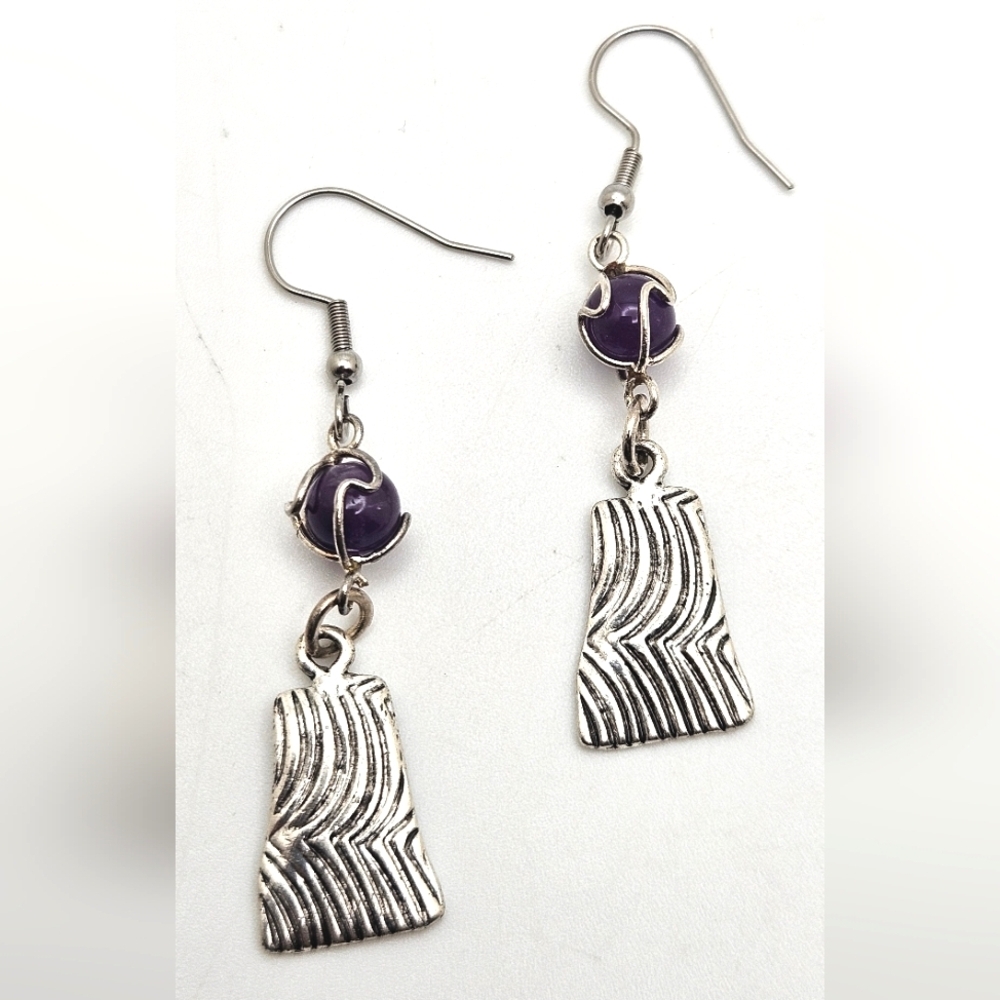 Vintage Natural Amethyst Sphere Wire Wrap Cage Dangle Earrings Silver
